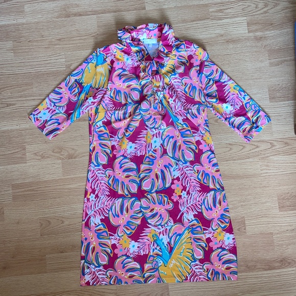 Simply Southern Sheath Pink with Palm Leaf Print Mini Ruffle Neck Dress Size Med - Picture 1 of 6